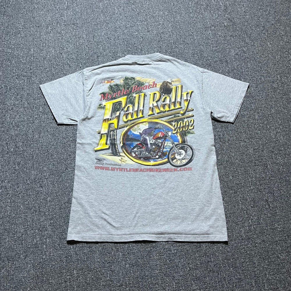 Vintage Hanes Beefy-T Myrtle Beach Fall Rally 2002 T-Shirt Size M Grey Biker Y2K